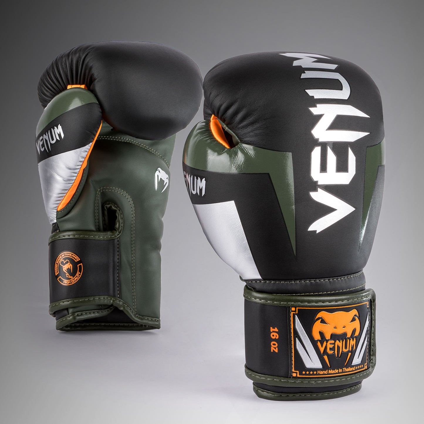 Venum Elite 拳击手套 – 黑色/银色/卡其色