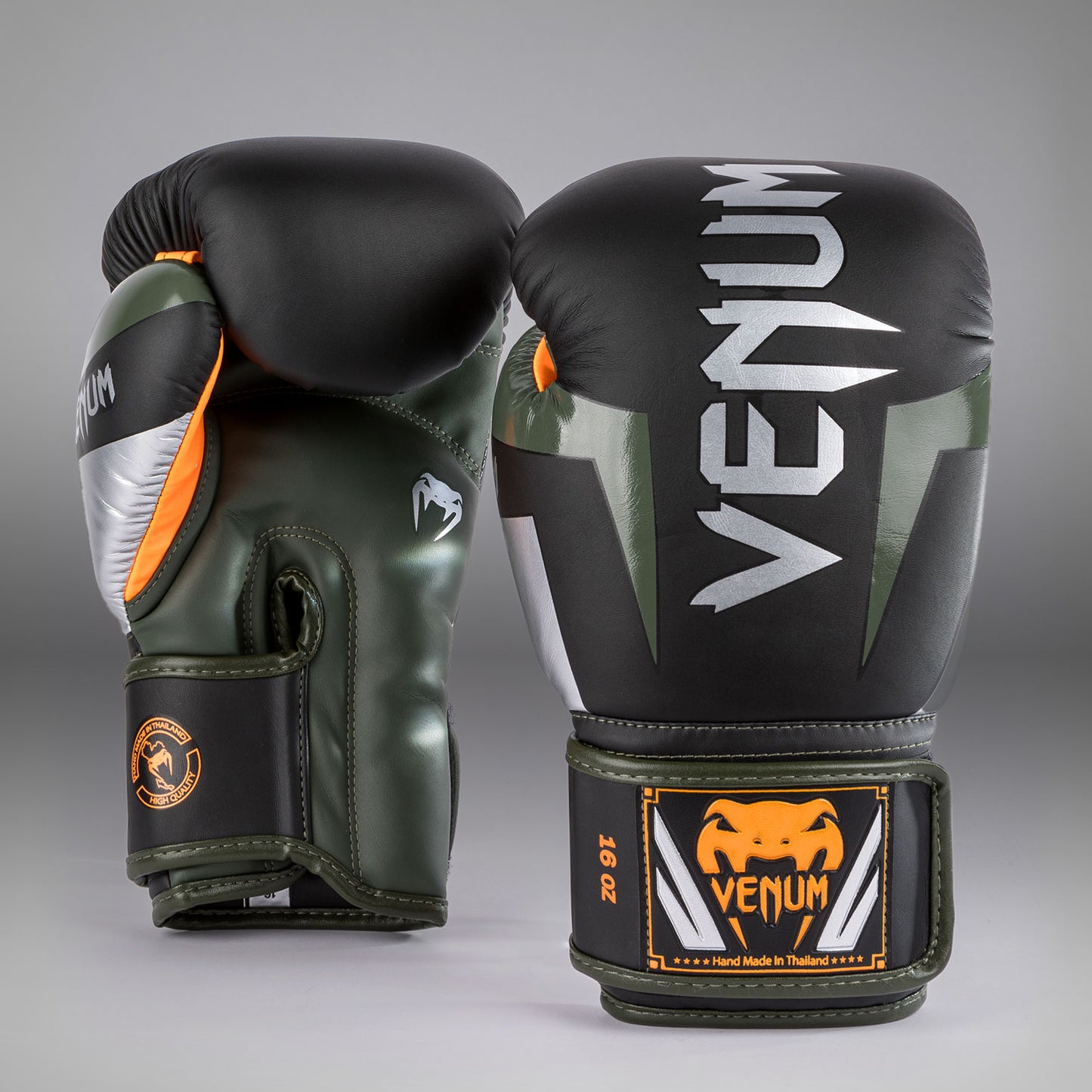 Venum Elite 拳击手套 – 黑色/银色/卡其色