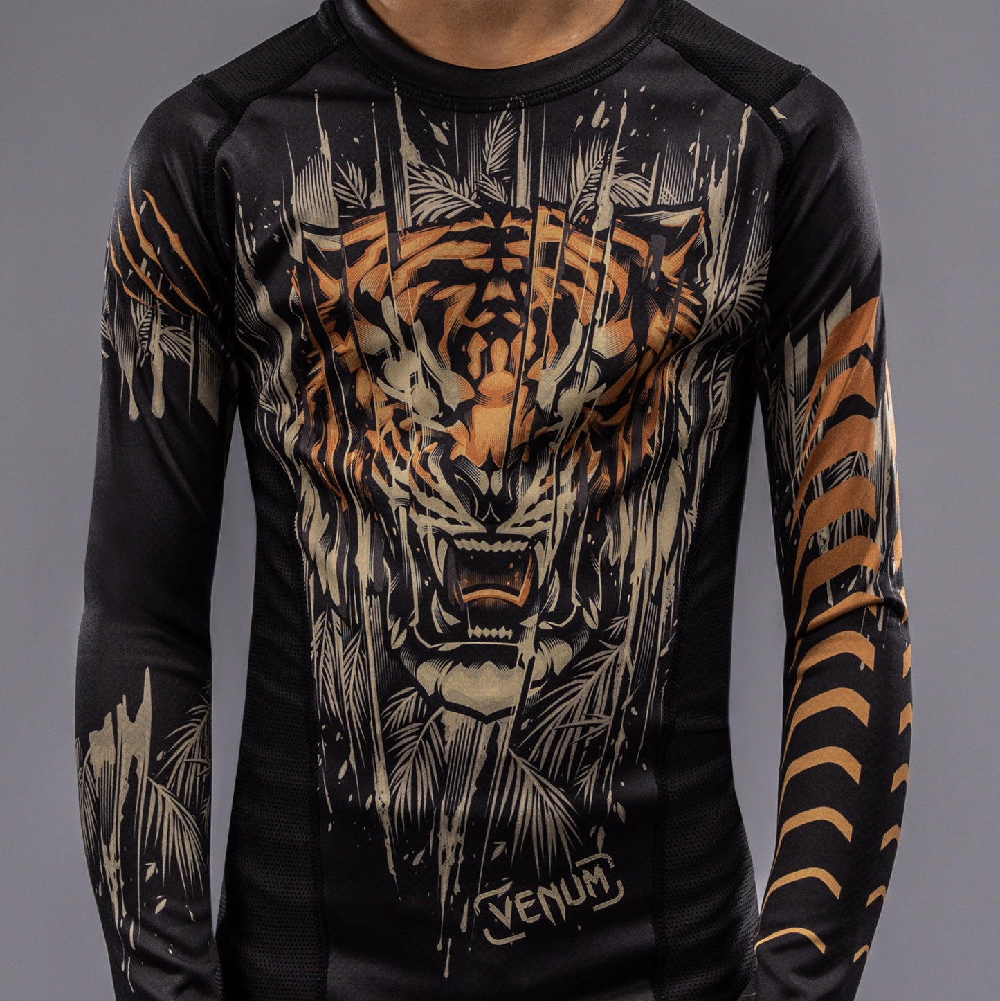 Venum Tiger 儿童款长袖紧身防磨衣 – 黑色/荧光橙