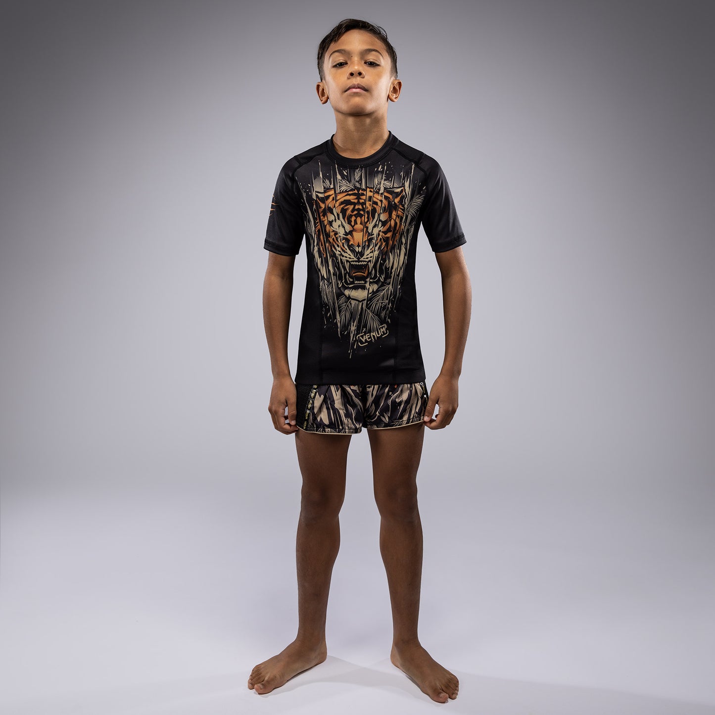 Venum Tiger 儿童款短袖紧身防磨衣 – 黑色/荧光橙